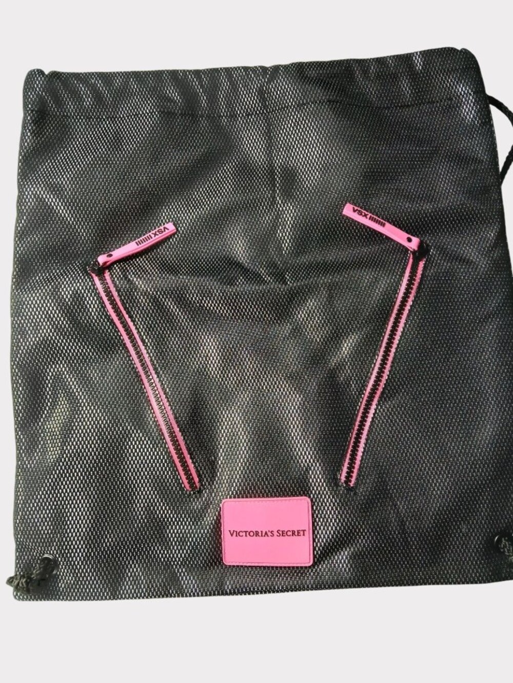 Victorias Secret VSX Black Pink Drawstring Backpack Cinch Glimmer Zip Fabric Bag